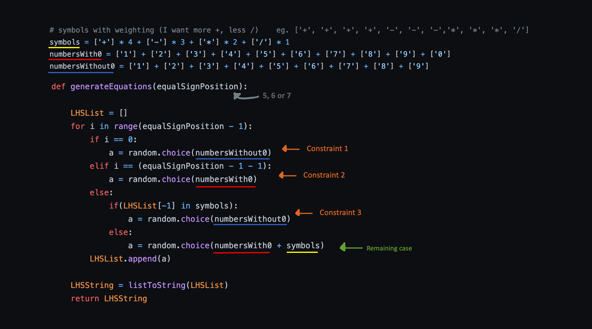 code snippet for generateEquations function